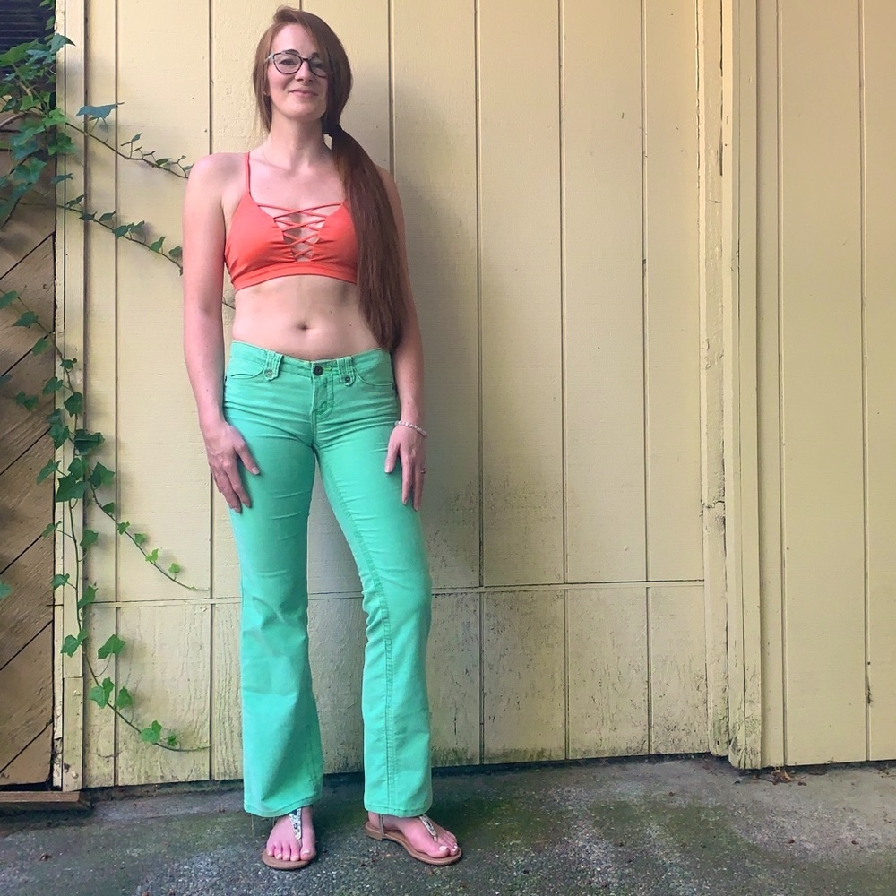 RARE Vintage LEI Originals sea-foam green corduroy Flare Jeans Sz 3 juniors boho - Picture 3 of 12